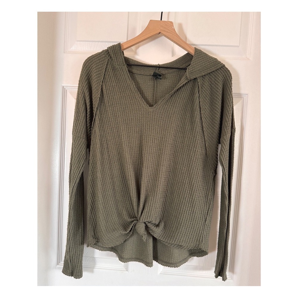 Wild Fable Waffle Knit Hoodie Green Lightweight Front‎ Tie Knot Casual Top